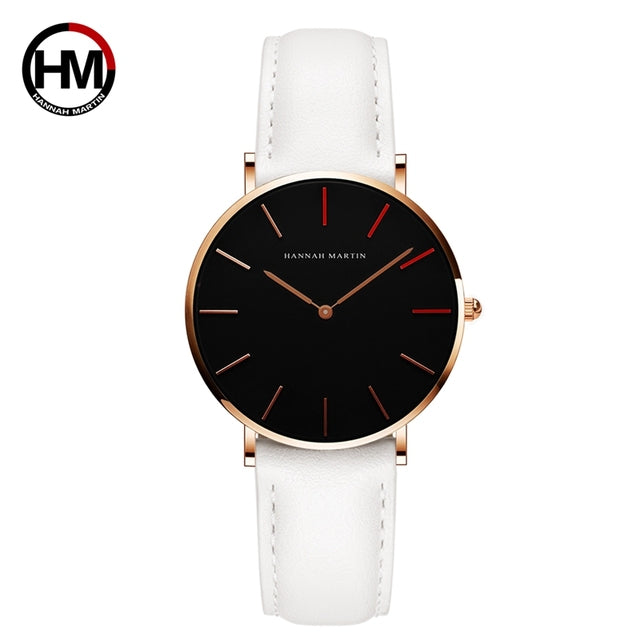 High Quality Japan Quartz Movement Women's Watch in rose gold and black leather, featuring a round case and elegant design.