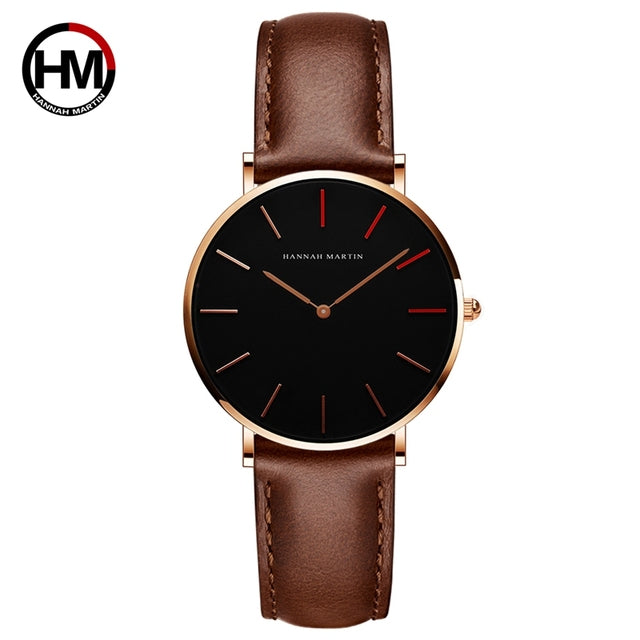 High Quality Japan Quartz Movement Women's Watch in rose gold and black leather, featuring a round case and elegant design.