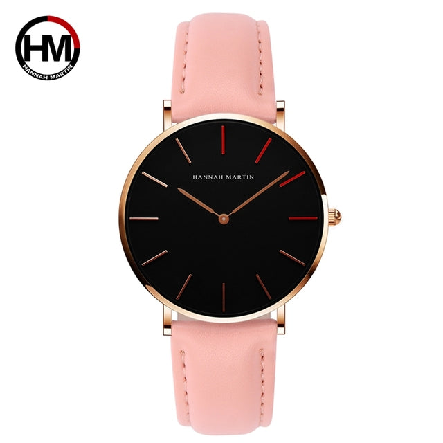 High Quality Japan Quartz Movement Women's Watch in rose gold and black leather, featuring a round case and elegant design.