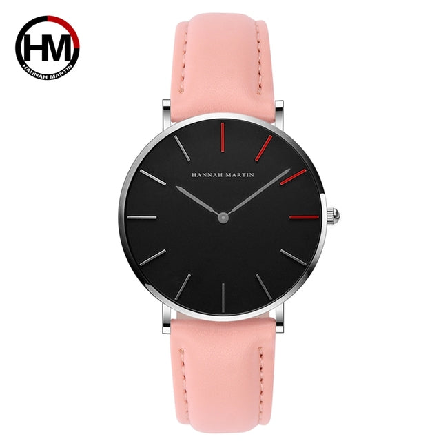 High Quality Japan Quartz Movement Women's Watch in rose gold and black leather, featuring a round case and elegant design.