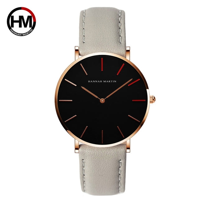 High Quality Japan Quartz Movement Women's Watch in rose gold and black leather, featuring a round case and elegant design.
