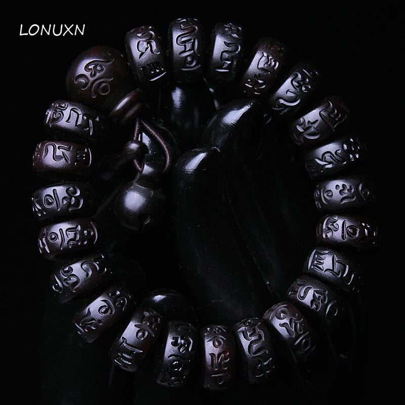 High quality Natural Lightning Peach Wood Buddha beads, hand carved, showcasing intricate details and a warm wood finish.