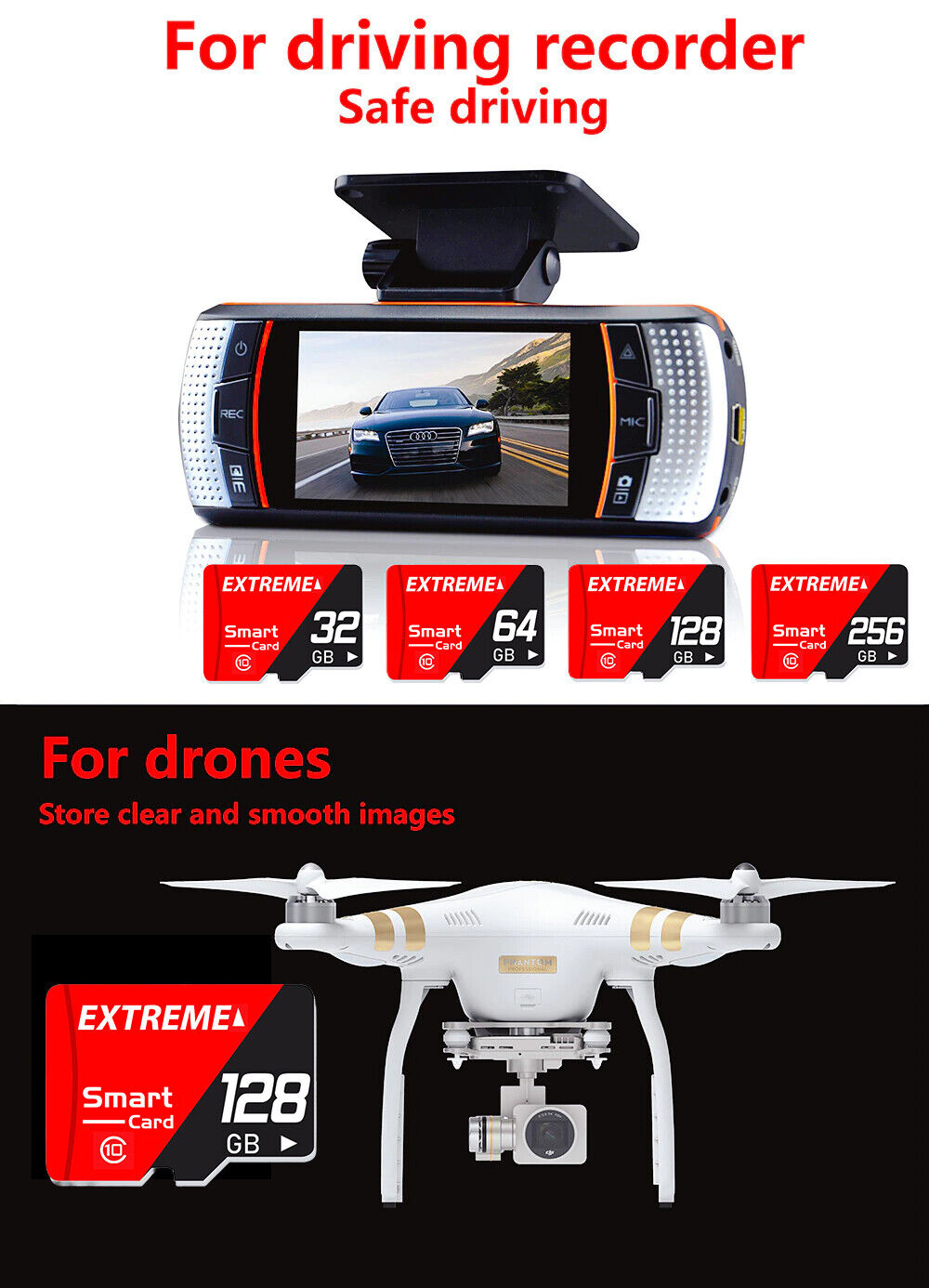 High Speed Memory Micro SD Card available in 32GB, 64GB, 128GB, and 256GB, showcasing its features and durability.