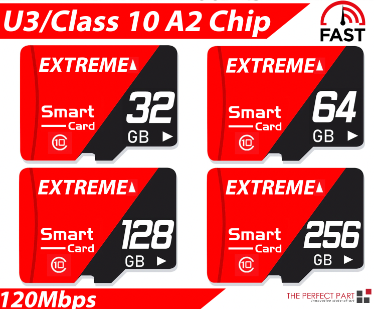 High Speed Memory Micro SD Card available in 32GB, 64GB, 128GB, and 256GB, showcasing its features and durability.