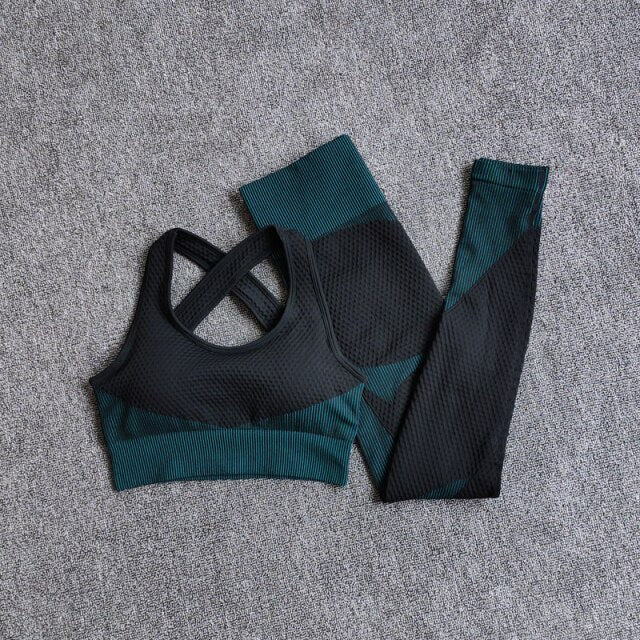 High Waist Leggings and Sport Bra Yoga Set for Women in vibrant colors, showcasing seamless design and breathable material.