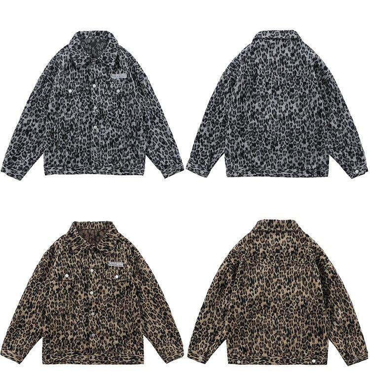 Men's hip hop jacket coat featuring a furry leopard print design with multiple pockets, perfect for streetwear style.