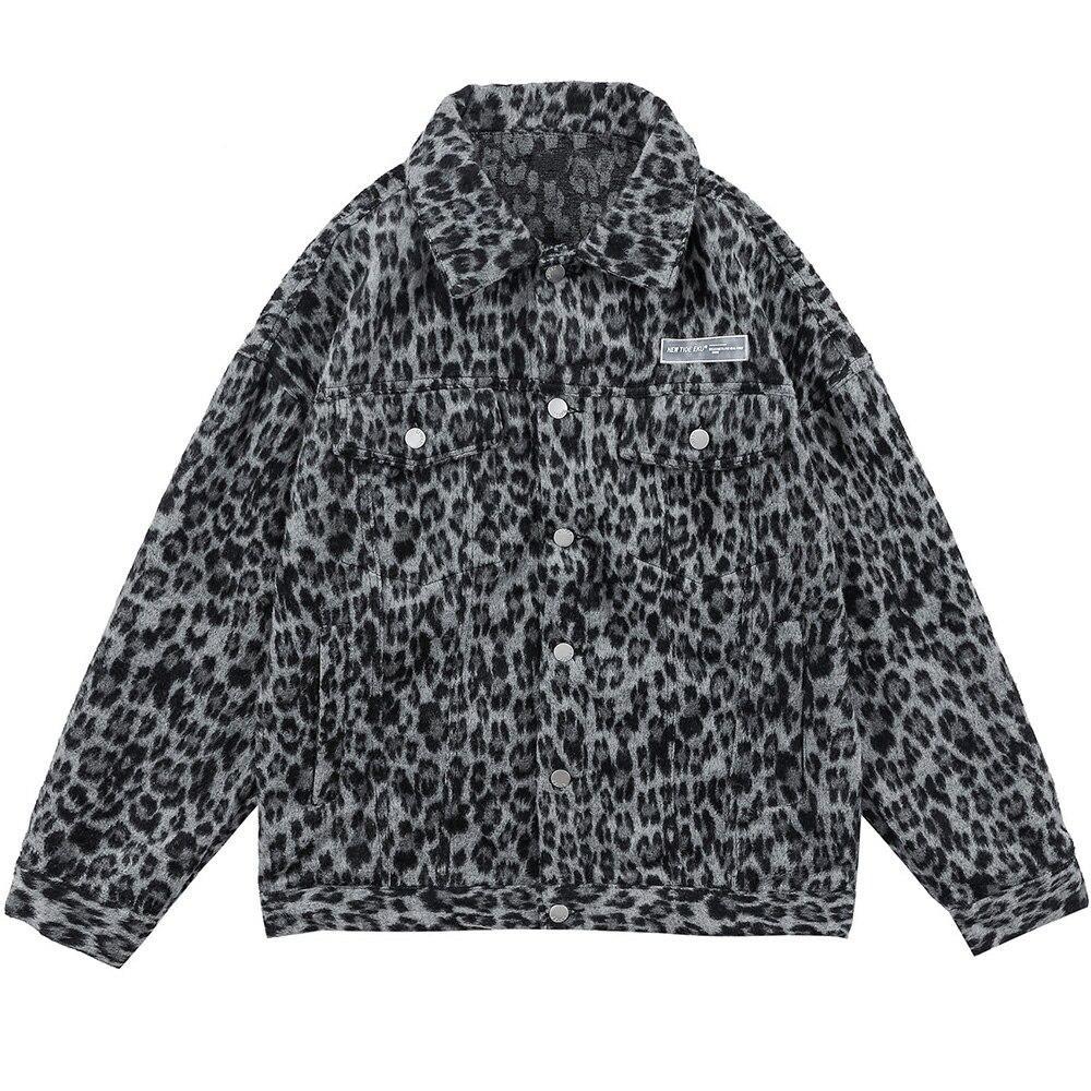 Men's hip hop jacket coat featuring a furry leopard print design with multiple pockets, perfect for streetwear style.