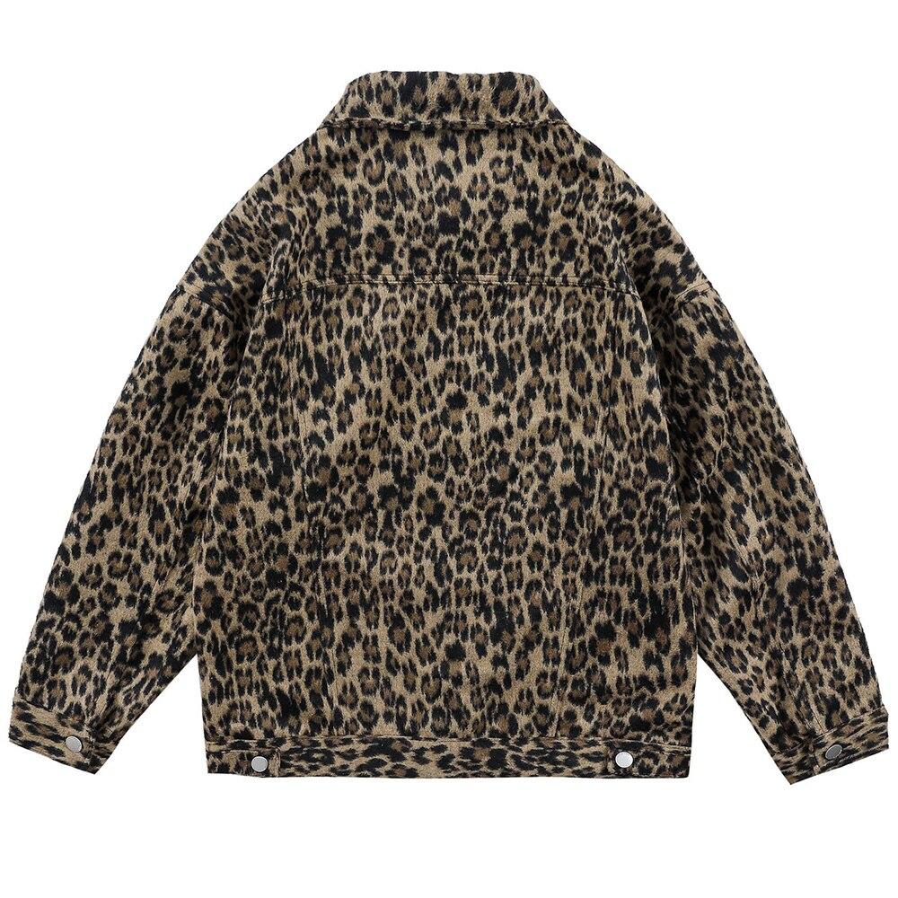 Men's hip hop jacket coat featuring a furry leopard print design with multiple pockets, perfect for streetwear style.