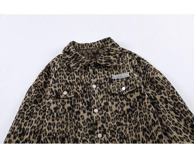 Men's hip hop jacket coat featuring a furry leopard print design with multiple pockets, perfect for streetwear style.
