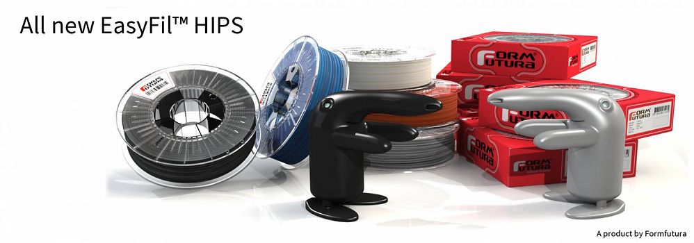 EasyFil HIPS filament in various colors including Black, Dark Blue, and Grey, showcasing its smooth matte finish and high-quality spool design.