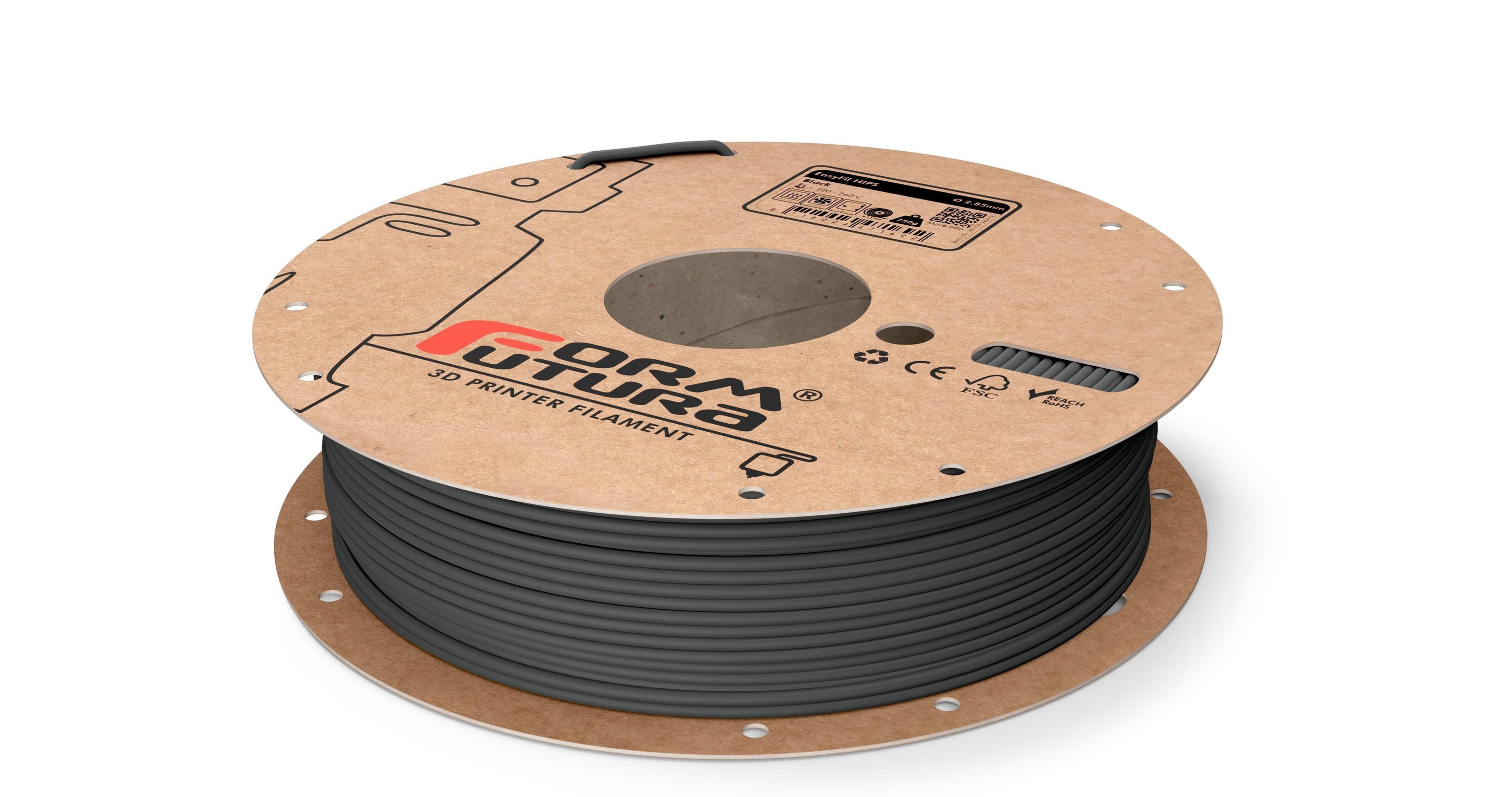 EasyFil HIPS filament in various colors including Black, Dark Blue, and Grey, showcasing its smooth matte finish and high-quality spool design.