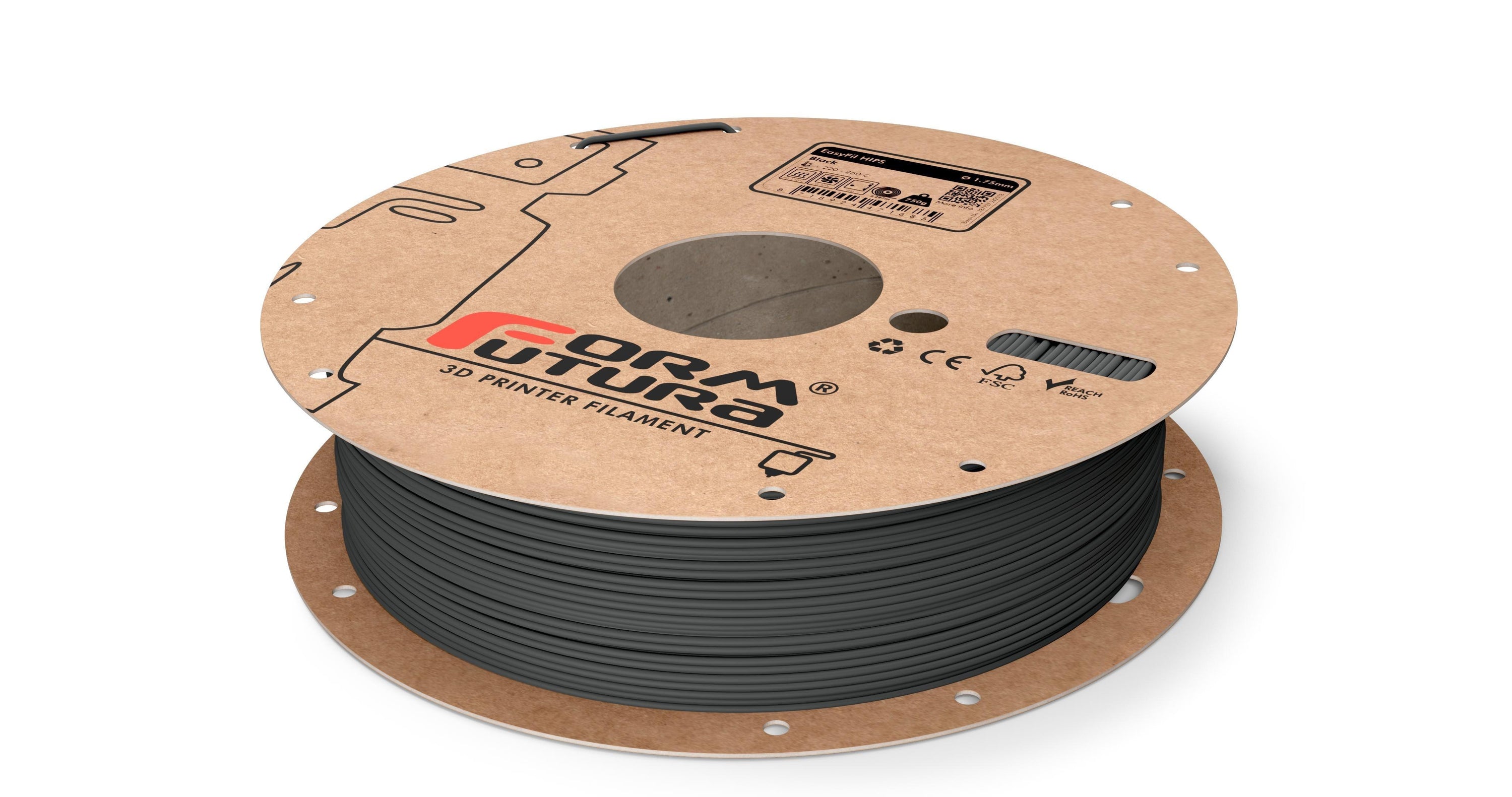 EasyFil HIPS filament in various colors including Black, Dark Blue, and Grey, showcasing its smooth matte finish and high-quality spool design.