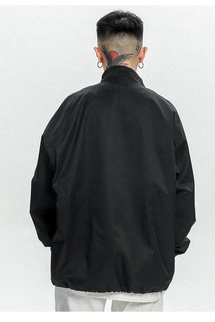 Hit Color Embroidery Turn-down Collar Jacket for men, featuring a stylish design in black, orange, and navy colors, perfect for college and streetwear.