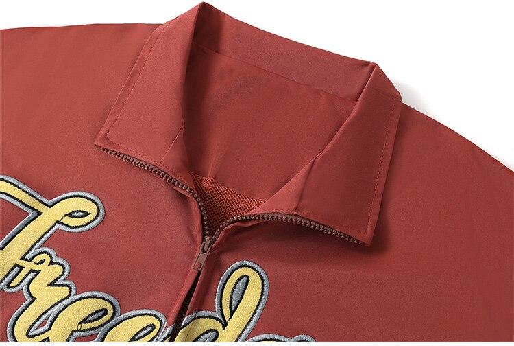 Hit Color Embroidery Turn-down Collar Jacket for men, featuring a stylish design in black, orange, and navy colors, perfect for college and streetwear.