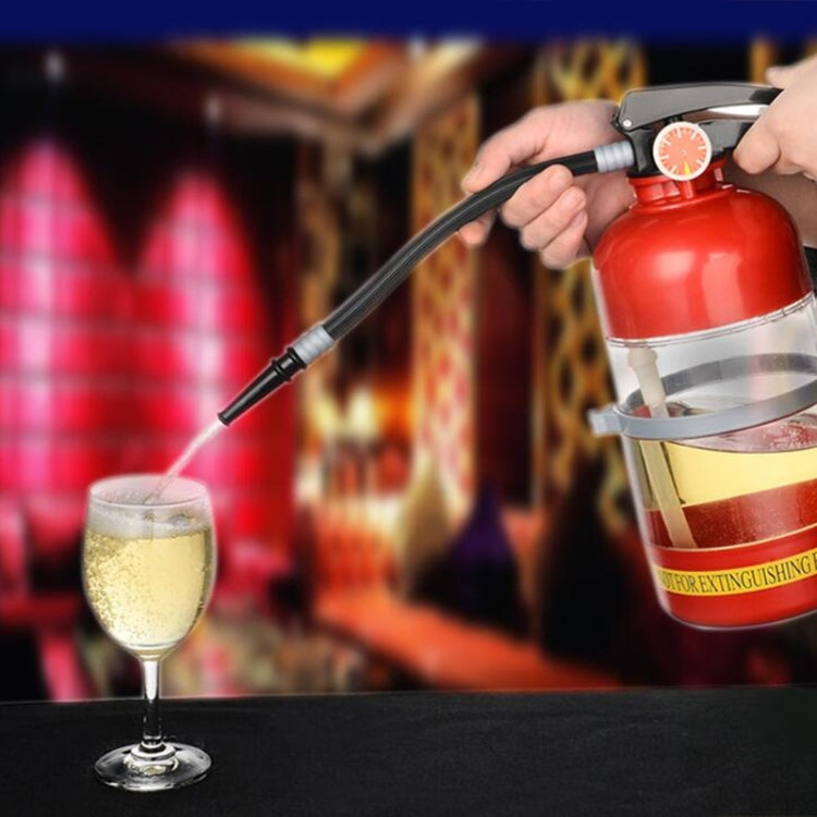 Transparent wine dispenser shaped like a fire extinguisher, showcasing its unique design and functionality.
