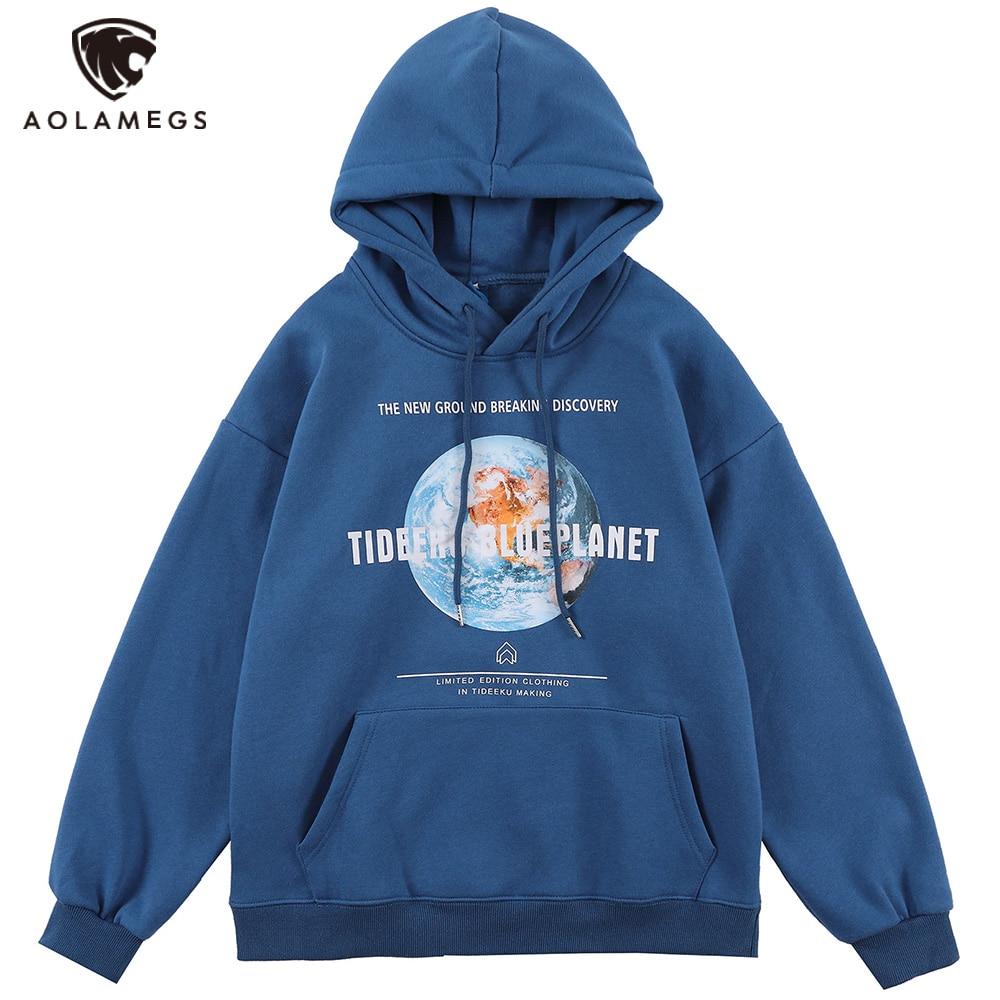 Cozy blue hoodie for men featuring a big pocket and Blue Planet letter design, perfect for autumn and winter streetwear.