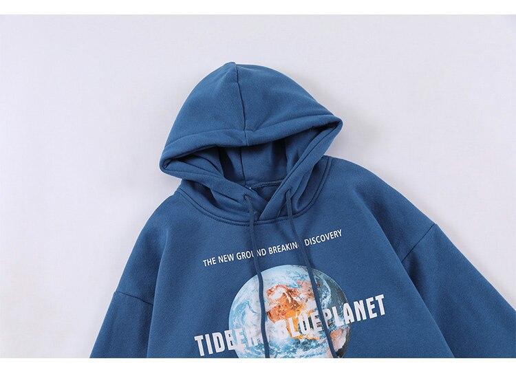 Cozy blue hoodie for men featuring a big pocket and Blue Planet letter design, perfect for autumn and winter streetwear.