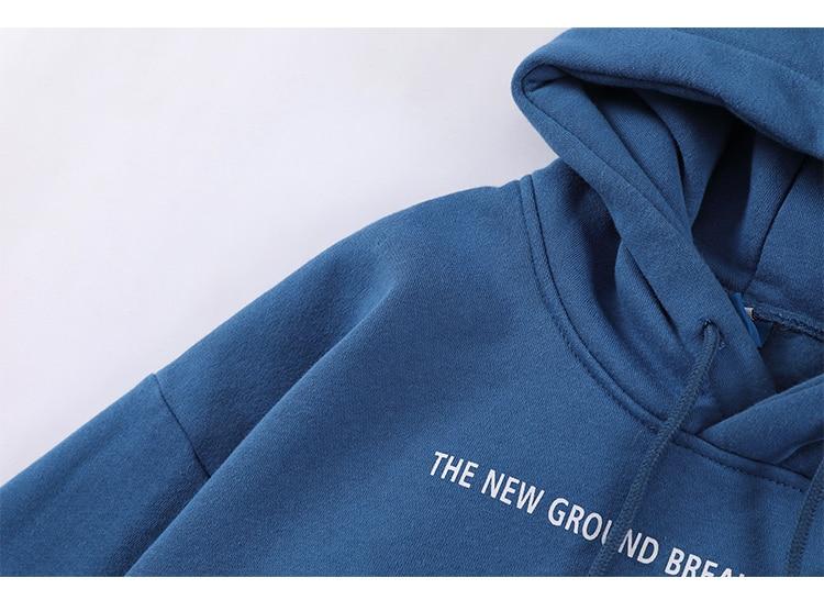 Cozy blue hoodie for men featuring a big pocket and Blue Planet letter design, perfect for autumn and winter streetwear.