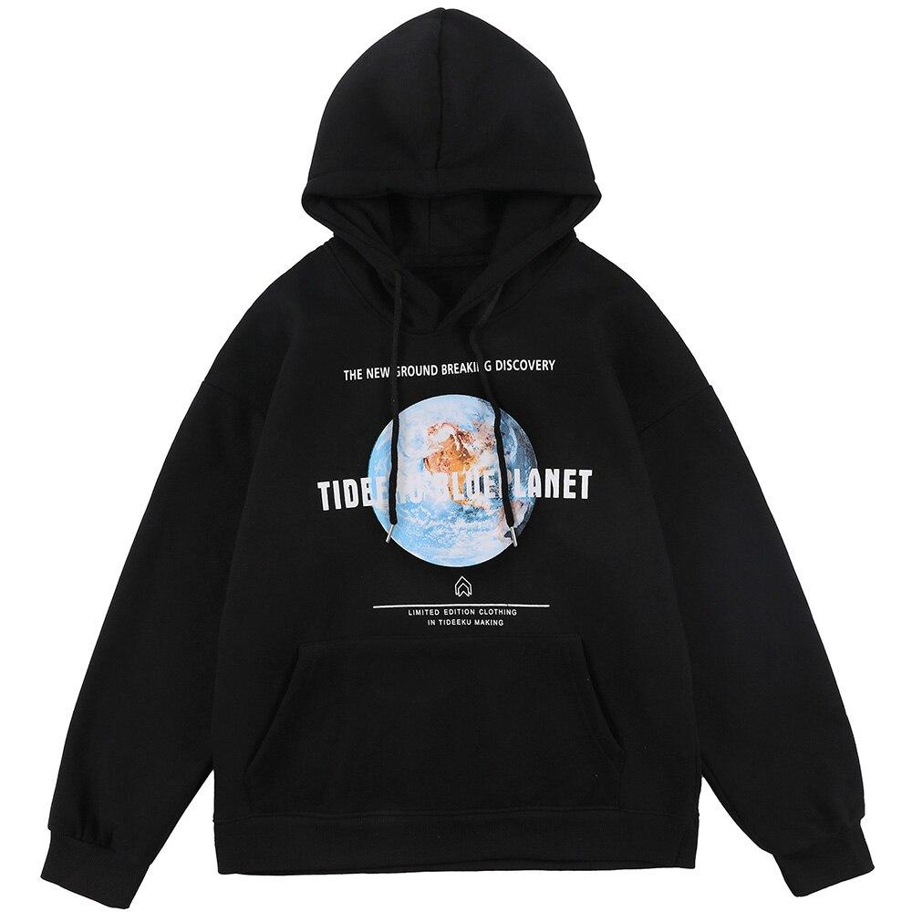 Cozy blue hoodie for men featuring a big pocket and Blue Planet letter design, perfect for autumn and winter streetwear.