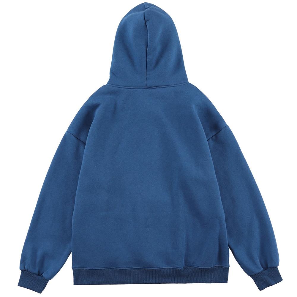 Cozy blue hoodie for men featuring a big pocket and Blue Planet letter design, perfect for autumn and winter streetwear.