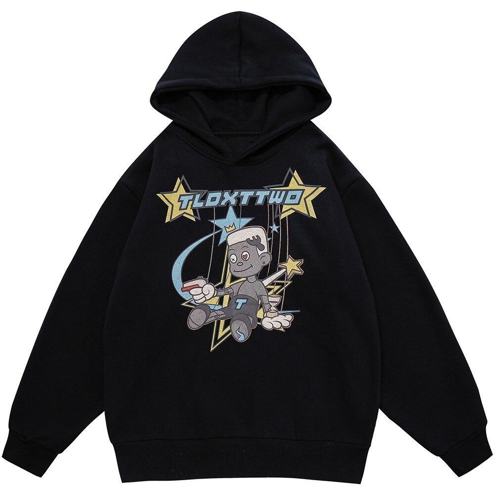 Men's hoodie featuring cartoon comics repairman design with star-shaped print, perfect for couples and casual streetwear.