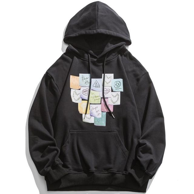 Colorful funny notes print hoodie for men, featuring a hood and full sleeves, perfect for autumn casual wear.