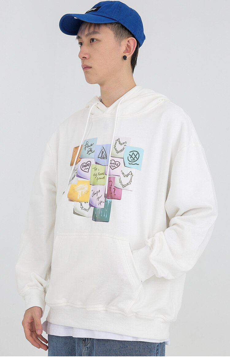 Colorful funny notes print hoodie for men, featuring a hood and full sleeves, perfect for autumn casual wear.