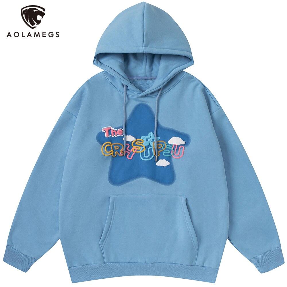 Men's colorful letter star-shaped fleece pullover hoodie in black, white, and blue, showcasing a casual college style.
