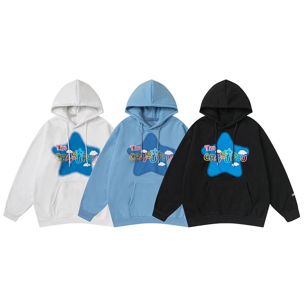 Men's colorful letter star-shaped fleece pullover hoodie in black, white, and blue, showcasing a casual college style.