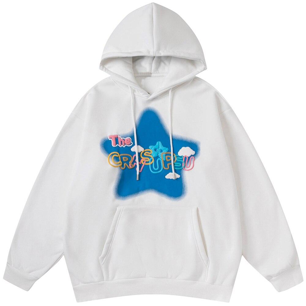 Men's colorful letter star-shaped fleece pullover hoodie in black, white, and blue, showcasing a casual college style.