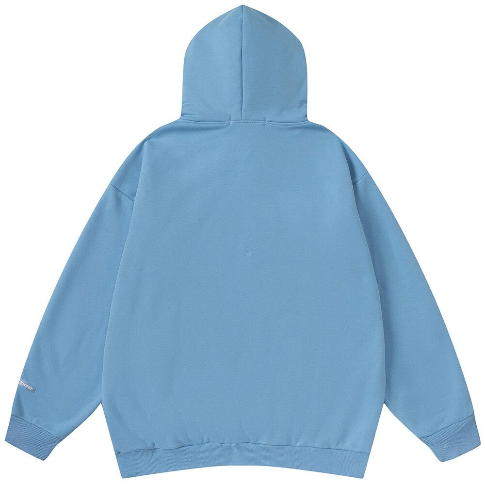 Men's colorful letter star-shaped fleece pullover hoodie in black, white, and blue, showcasing a casual college style.