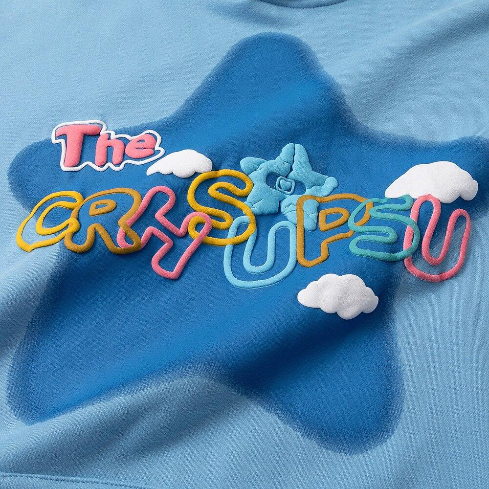 Men's colorful letter star-shaped fleece pullover hoodie in black, white, and blue, showcasing a casual college style.