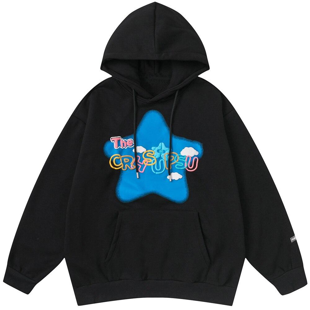 Men's colorful letter star-shaped fleece pullover hoodie in black, white, and blue, showcasing a casual college style.
