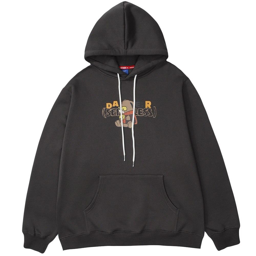 Men's Cute Bear Punk Hoodie in Apricot and Dark Gray, featuring a cozy fleece material and cartoon design.