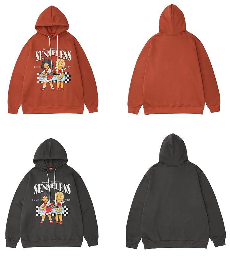 A cozy fleece hoodie for men featuring a cute punk design with cartoon patterns, available in coral red and dark gray.