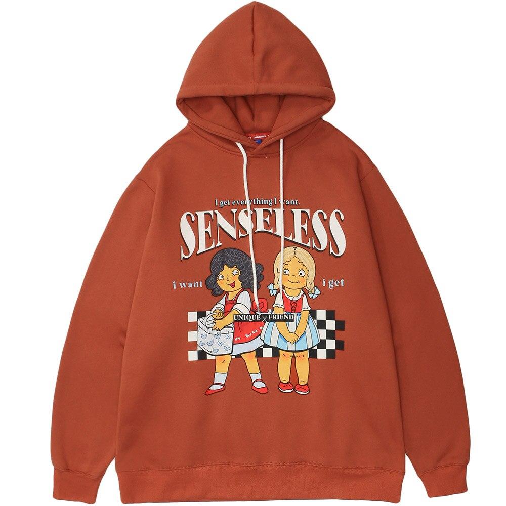 A cozy fleece hoodie for men featuring a cute punk design with cartoon patterns, available in coral red and dark gray.