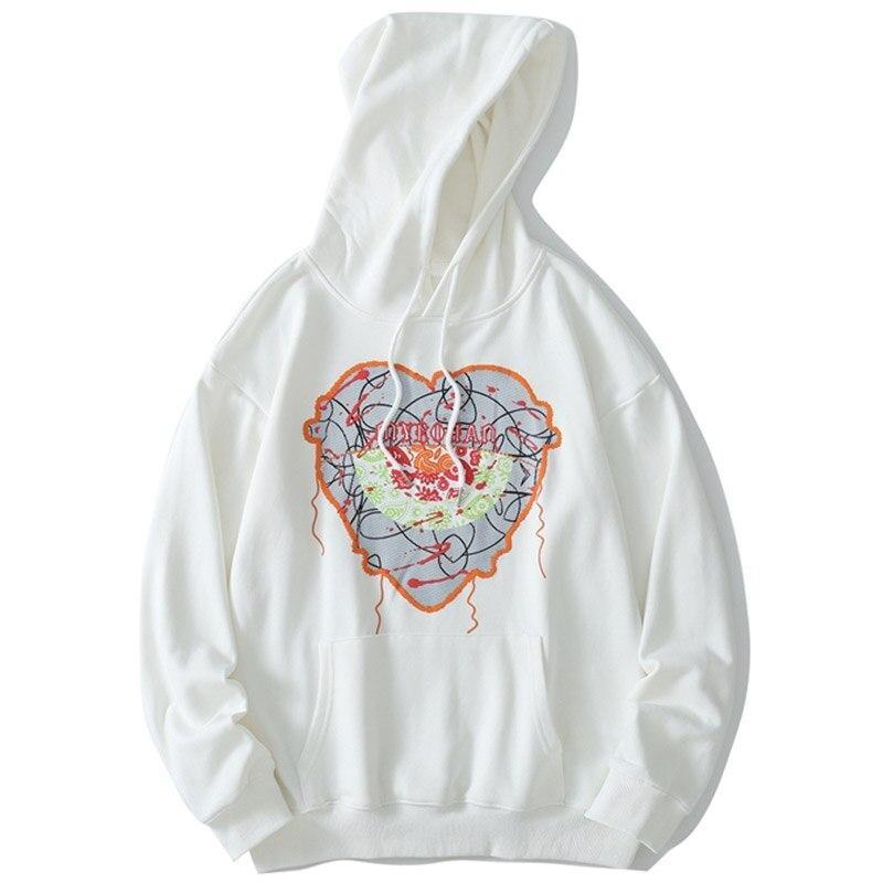 Men's hoodie featuring cute heart-shaped embroidery, perfect for casual college style.