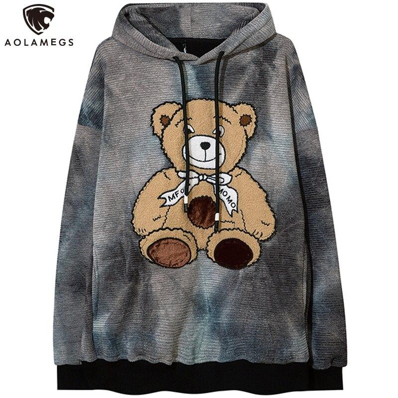 Oversized fleece hoodie for men featuring a cute furry bear patch, perfect for casual streetwear in gray and brown colors.