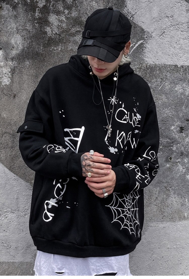 Men's Harajuku hoodie featuring a heart-shaped net print and letter design, perfect for casual streetwear.