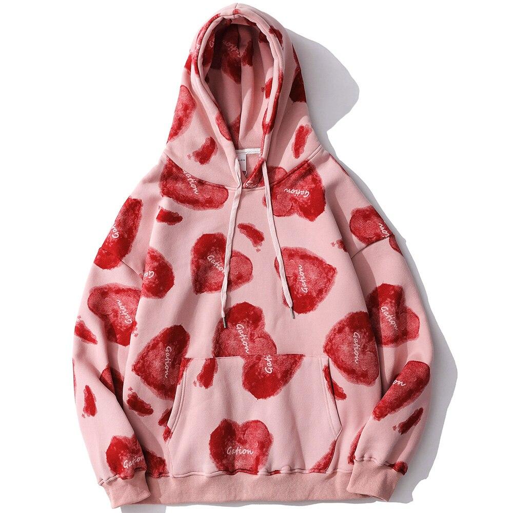 Men's hoodie featuring a heart inkjet print, big pocket, and soft velvet fabric in blue, pink, and yellow colors.