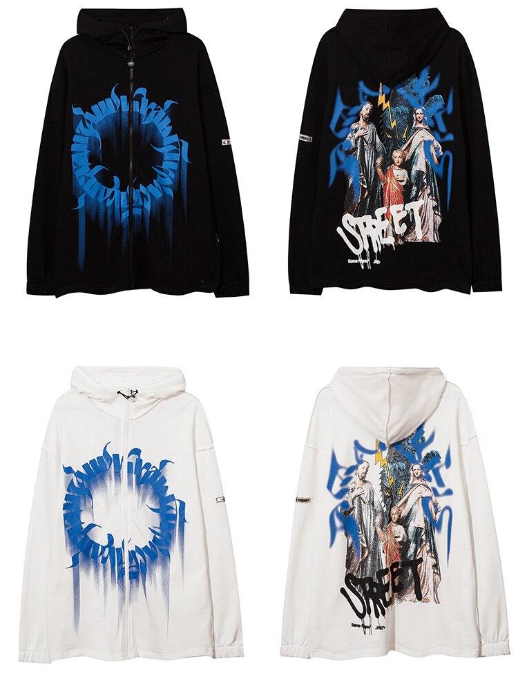 Men's hoodie featuring inkjet letter and retro portrait print in black and white, designed for casual streetwear.