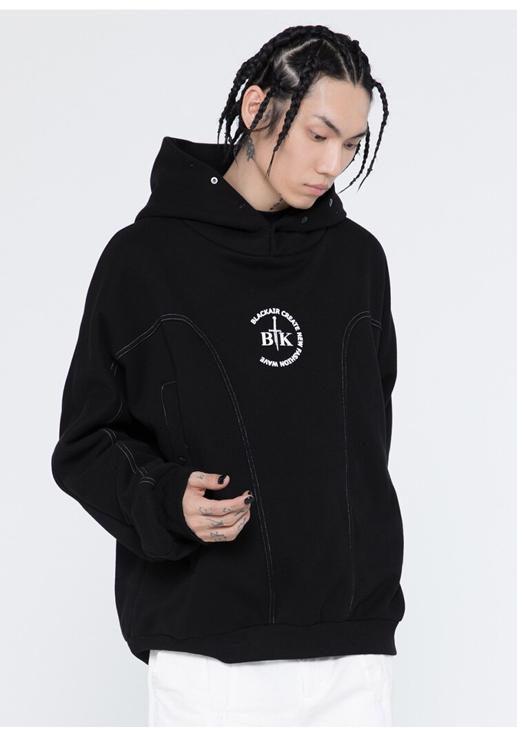 Men's hoodie featuring letter printed line art design, available in black, white, and navy colors, perfect for casual wear.