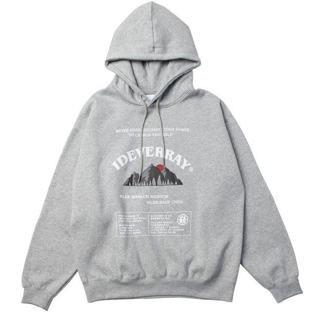 Men's mountain letter printed thick pullover hoodie in black, gray, red, and purple colors, showcasing a vintage design perfect for autumn and winter.