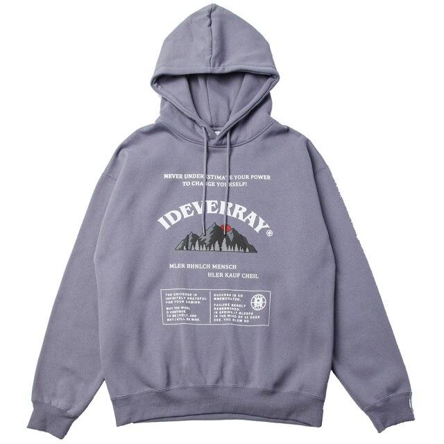 Men's mountain letter printed thick pullover hoodie in black, gray, red, and purple colors, showcasing a vintage design perfect for autumn and winter.