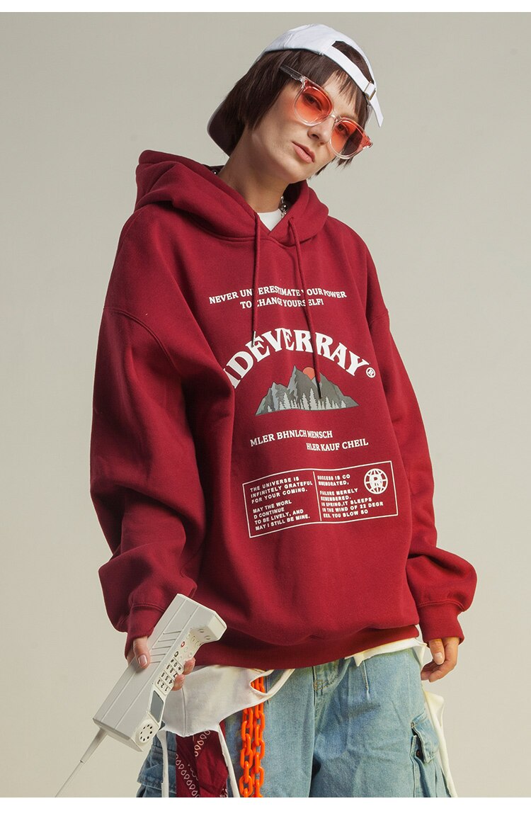 Men's mountain letter printed thick pullover hoodie in black, gray, red, and purple colors, showcasing a vintage design perfect for autumn and winter.