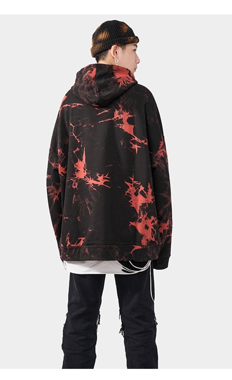 Men's oversized hoodie featuring a vibrant watercolor tie dye print in blue and red, perfect for autumn and winter streetwear.