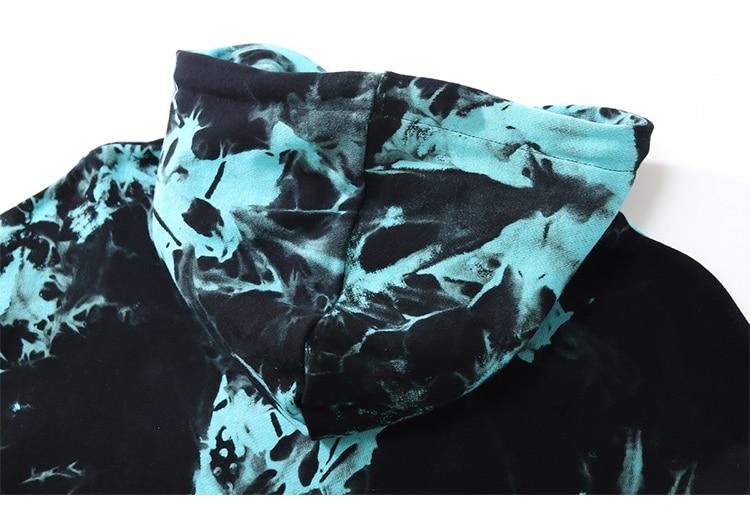 Men's oversized hoodie featuring a vibrant watercolor tie dye print in blue and red, perfect for autumn and winter streetwear.