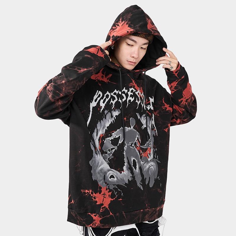 Men's oversized hoodie featuring a vibrant watercolor tie dye print in blue and red, perfect for autumn and winter streetwear.