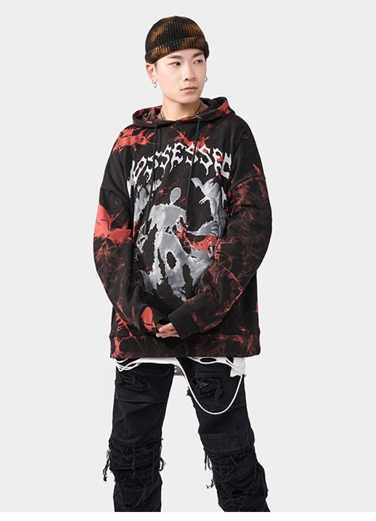 Men's oversized hoodie featuring a vibrant watercolor tie dye print in blue and red, perfect for autumn and winter streetwear.