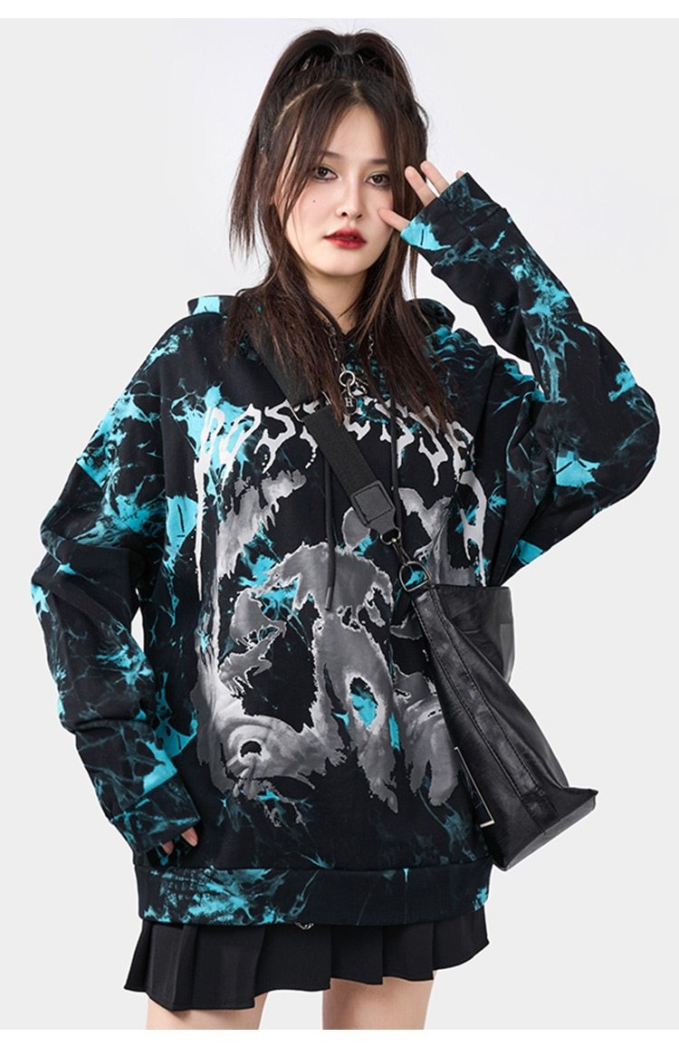 Men's oversized hoodie featuring a vibrant watercolor tie dye print in blue and red, perfect for autumn and winter streetwear.